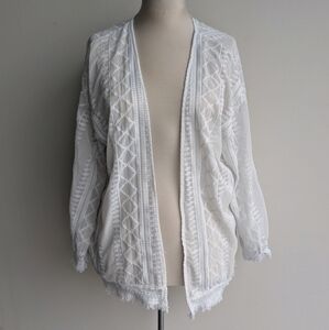 White Sheer Embroidered Kimono - Aztec Print